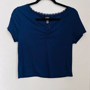 Hot Kiss Blue Crop Ruched Blouse Short Sleeve